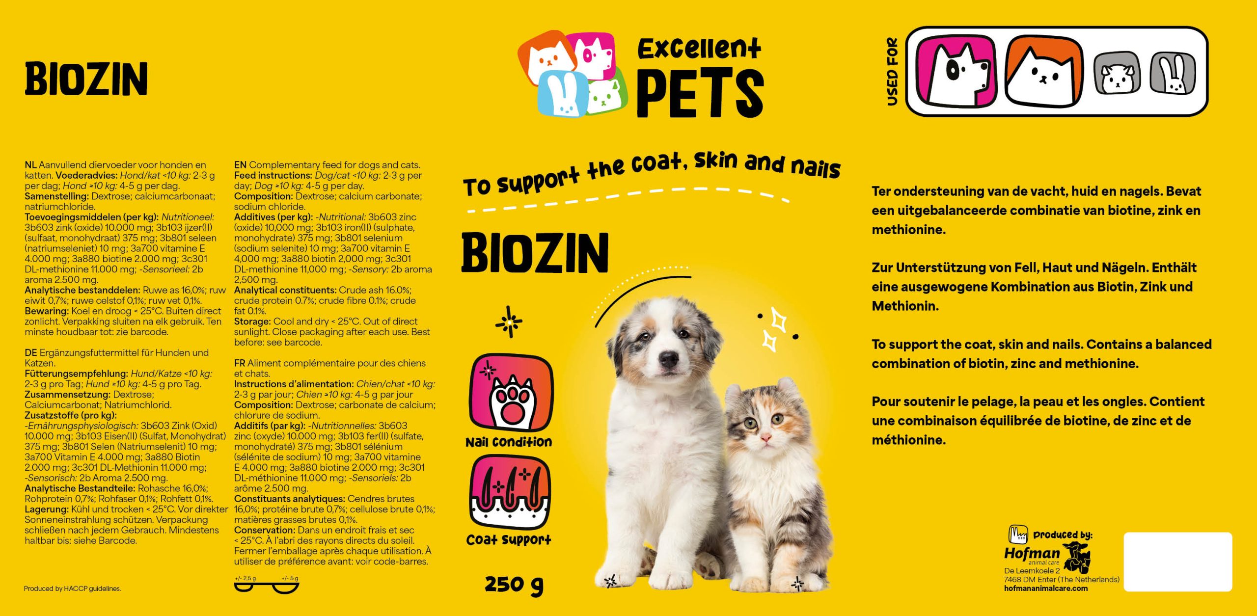 добавка за кучета и котки excellent pets biozin 250 грама - етикет на кутията