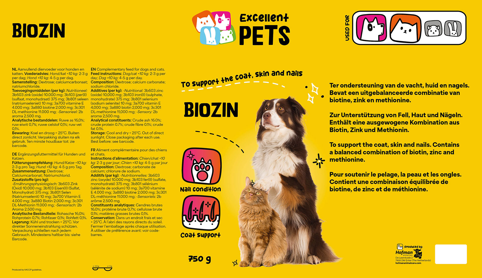 добавка за кучета и котки excellent pets biozin 750 грама - етикет на кутията