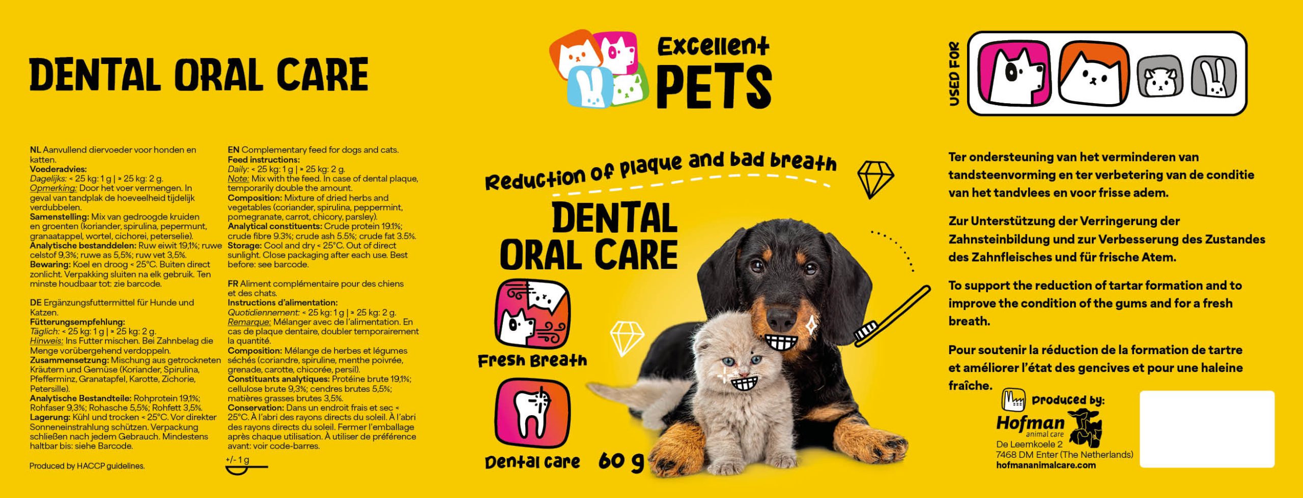 грижа за устна хигиена на кучета и котки excellent pets dental oral care 60 г - етикет