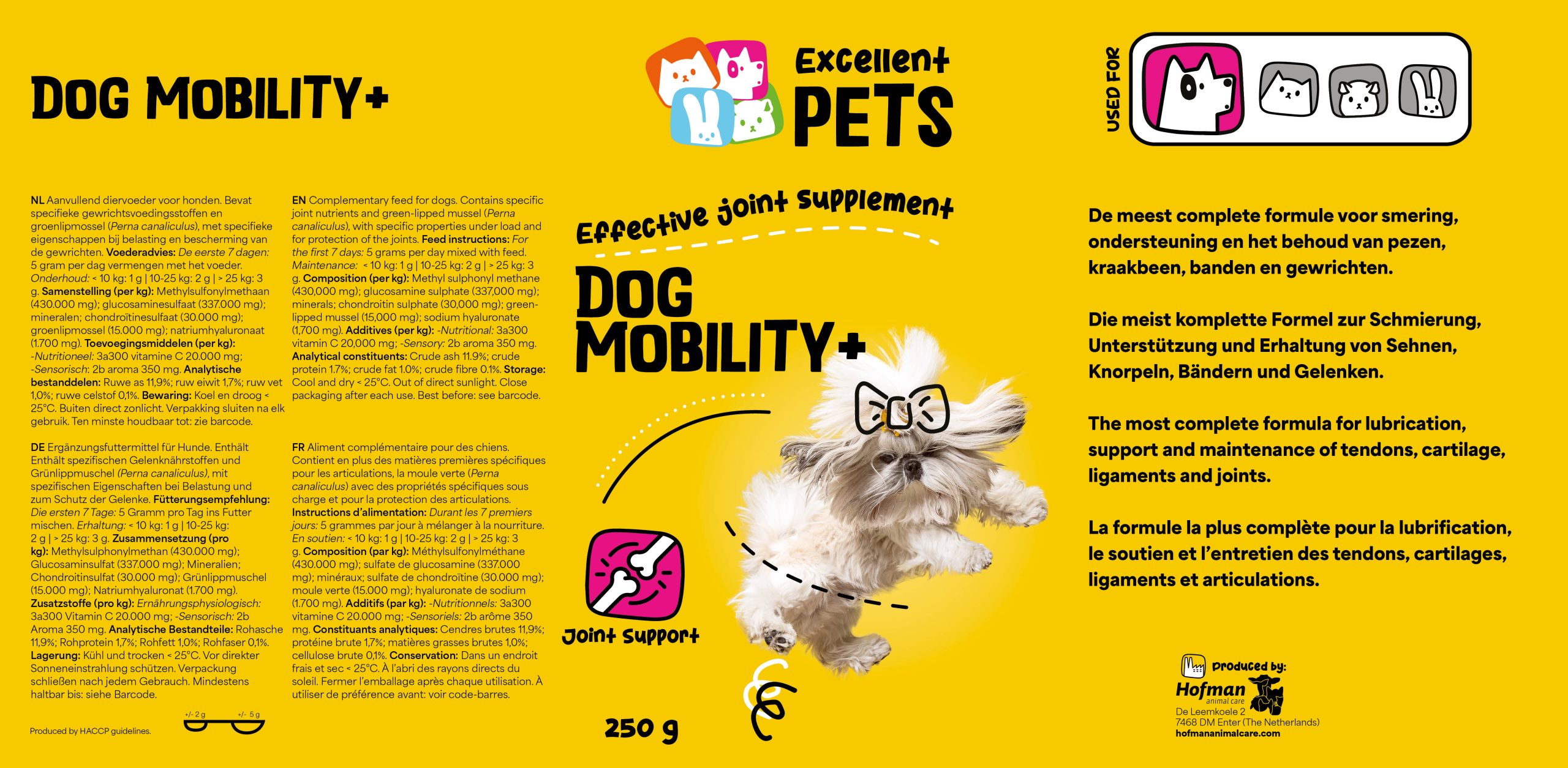 хранителна добавка за куче excellent pets mobility+ за отлична мобилност 250 грама етикет