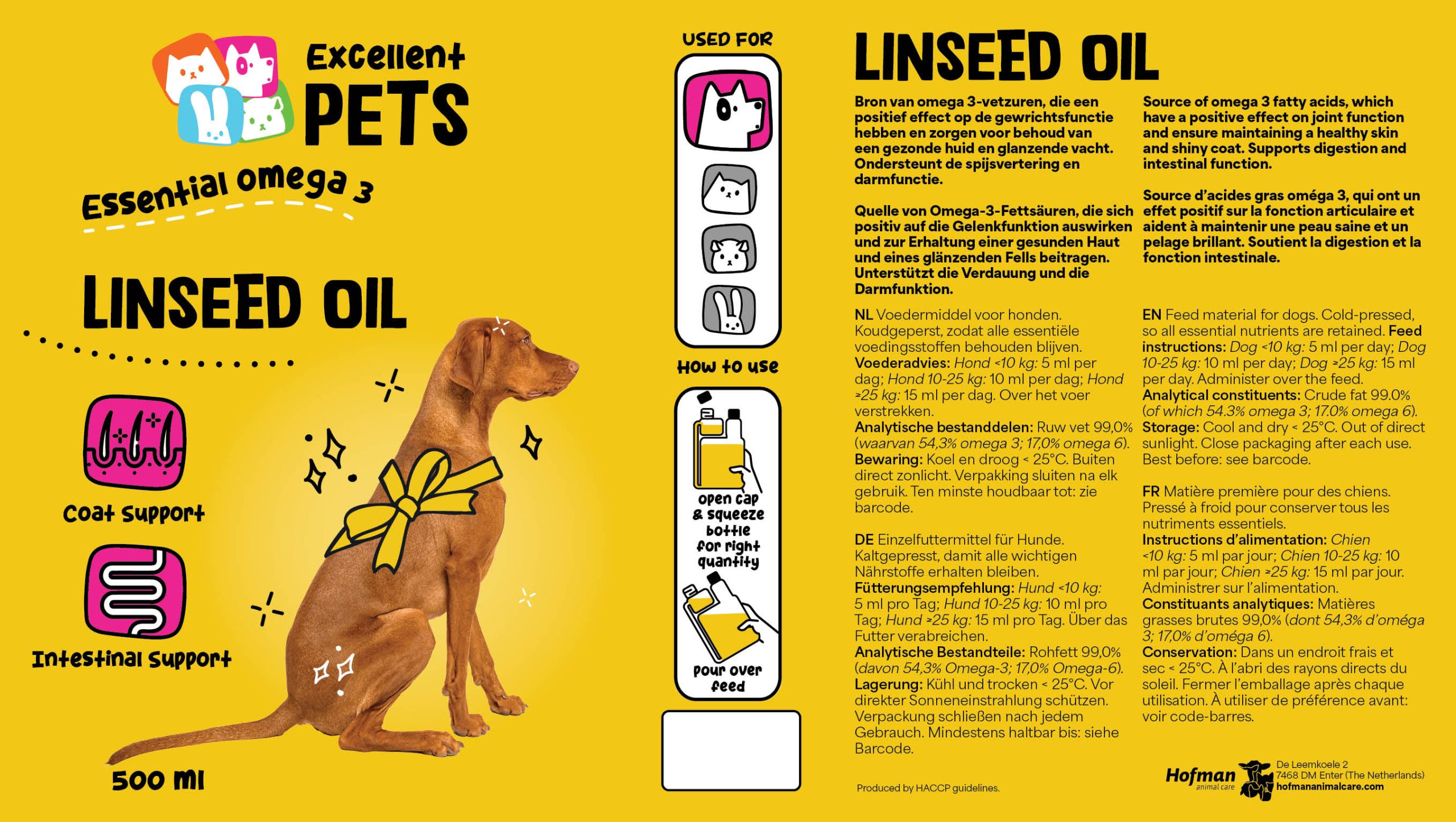 ленено масло за кучета excellent pets 500 мл - етикет