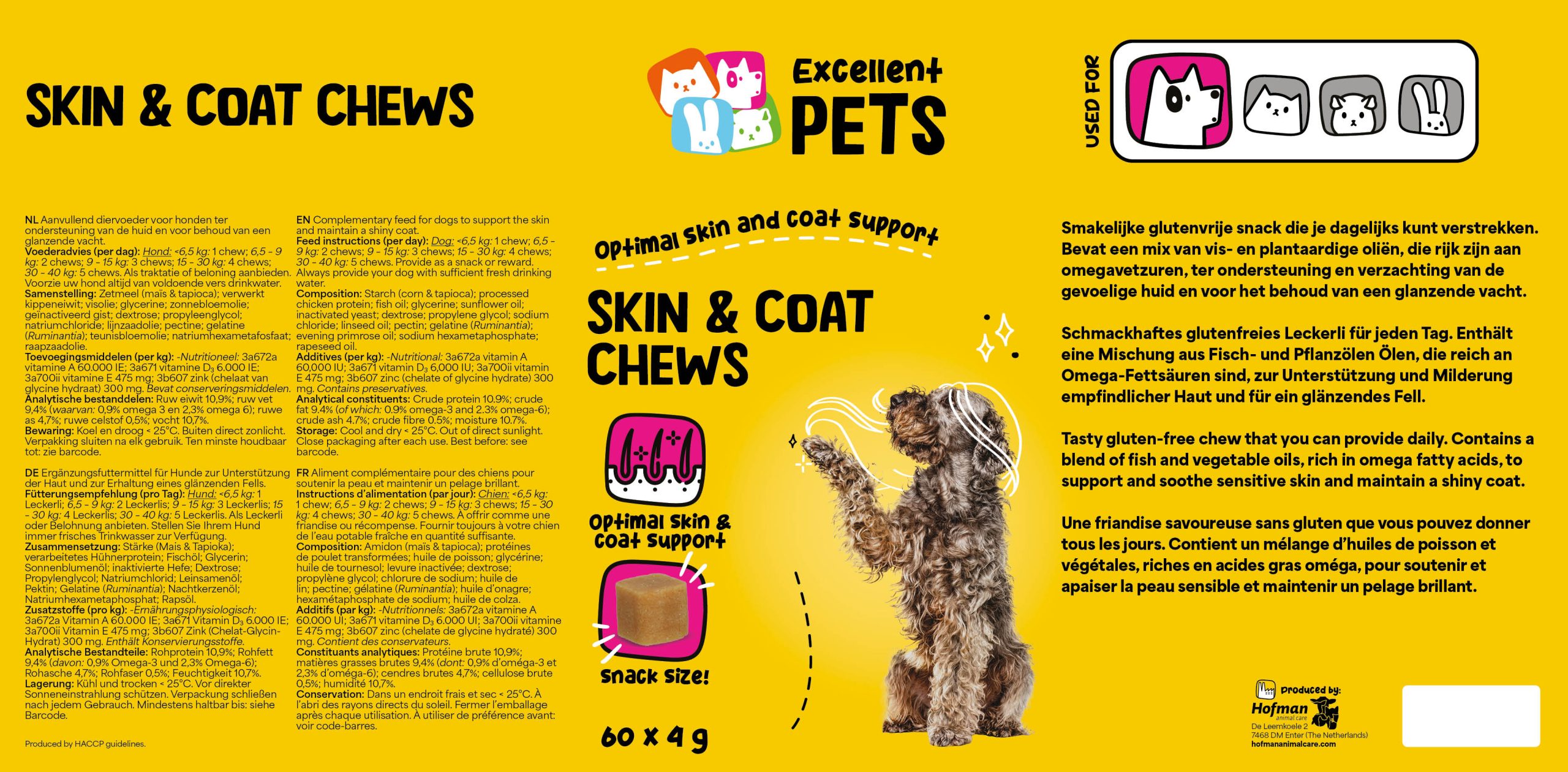 меки дъвчащи лакомства за кожа и козина excellent pets 60 броя - етикет