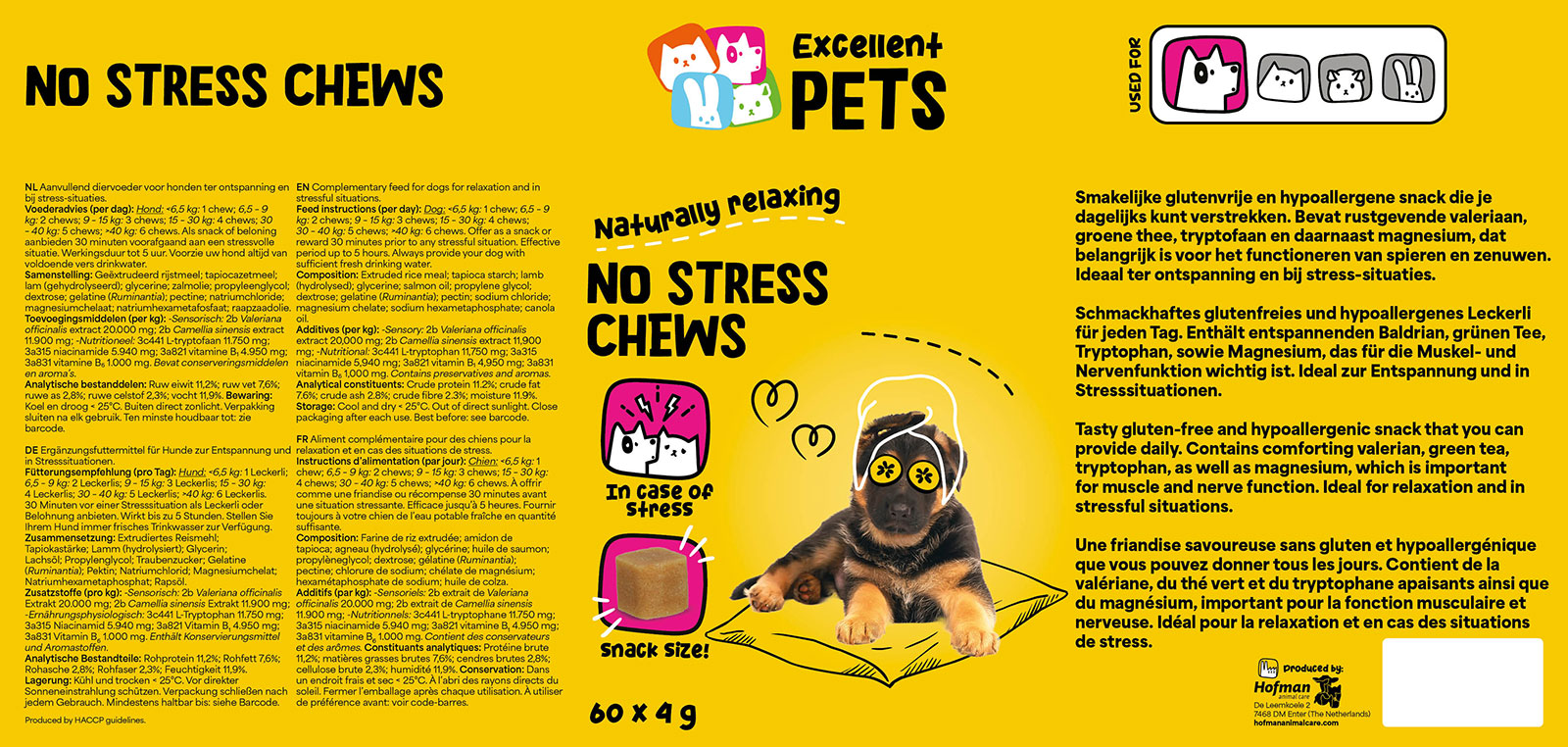 Релаксираща хранителна добавка за куче Excellent Pets No Stress - 60 меки дъвчащи лакомства - етикет