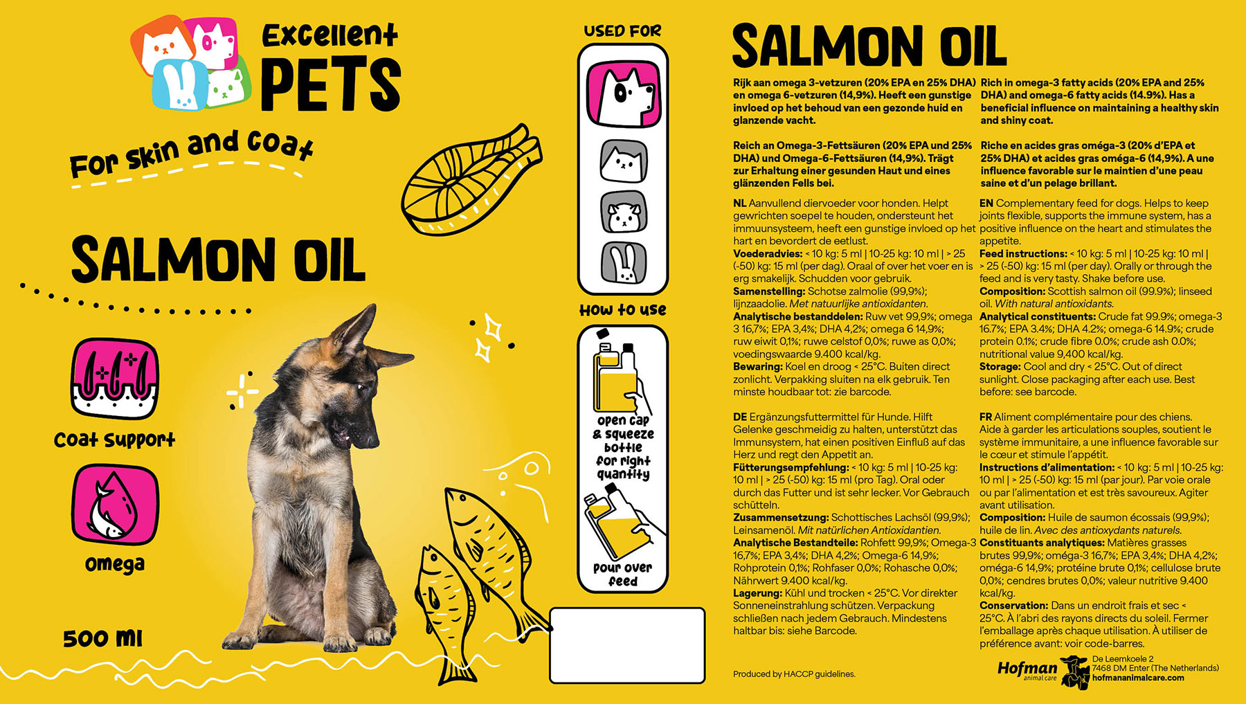 рибено масло от сьомга за кучета excellent pets 500 мл - етикет на кутията