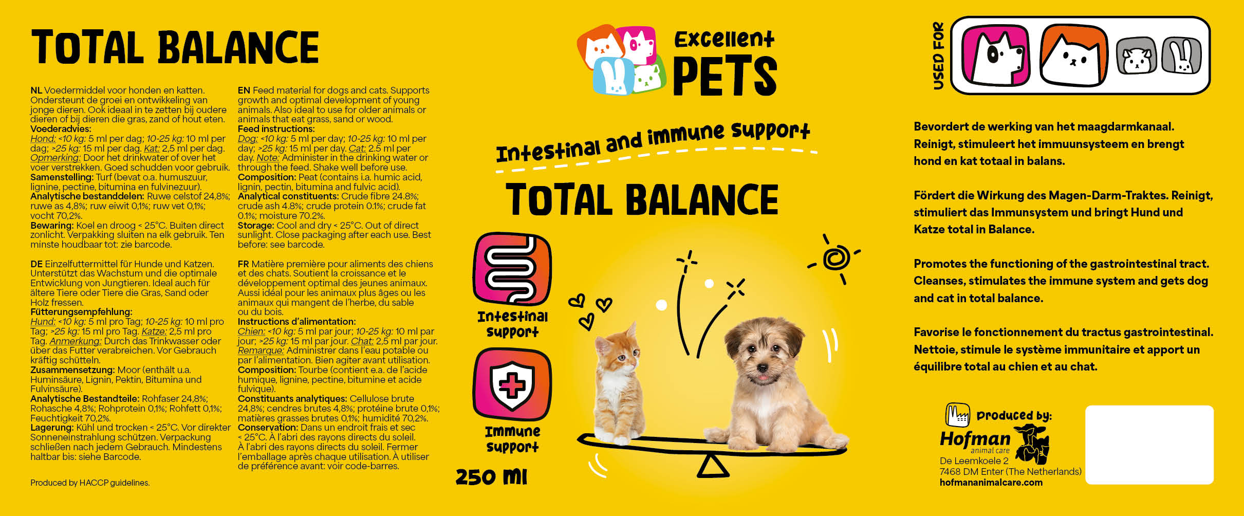 течна храна за котки и кучета excellent pets total balance 250 мл - етикет