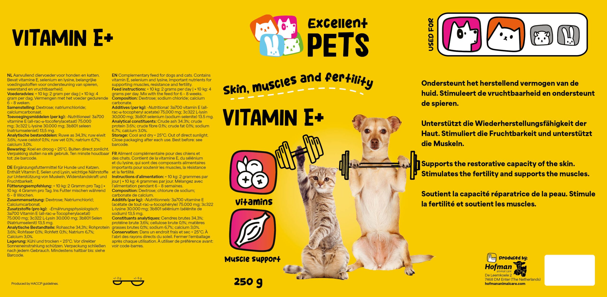 витамин e+ за кучета и котки excellent pets 250 г - етикет