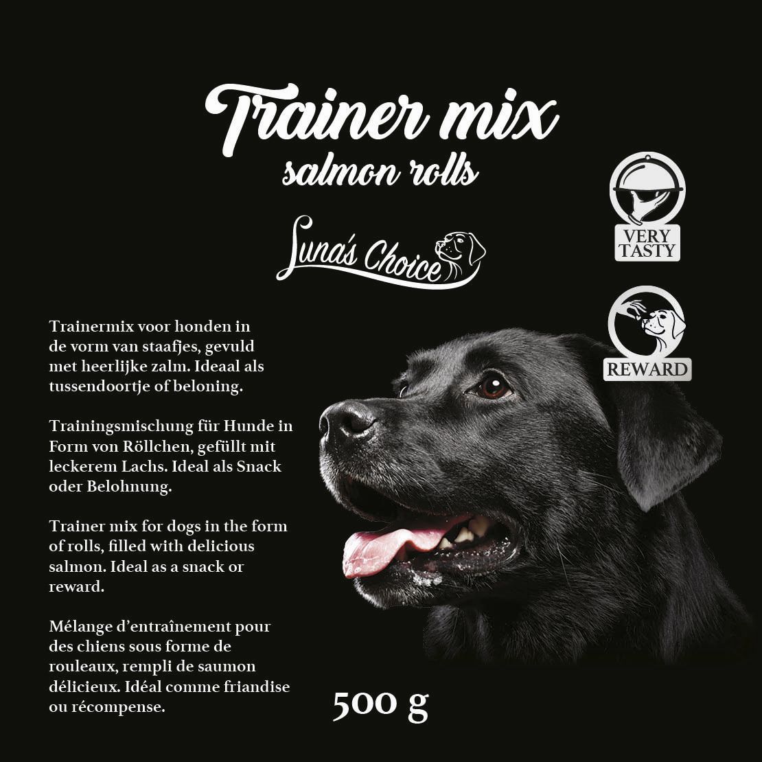 лакомства за куче lunas choice luna0044 trainer mix рулца със сьомга - етикет лице