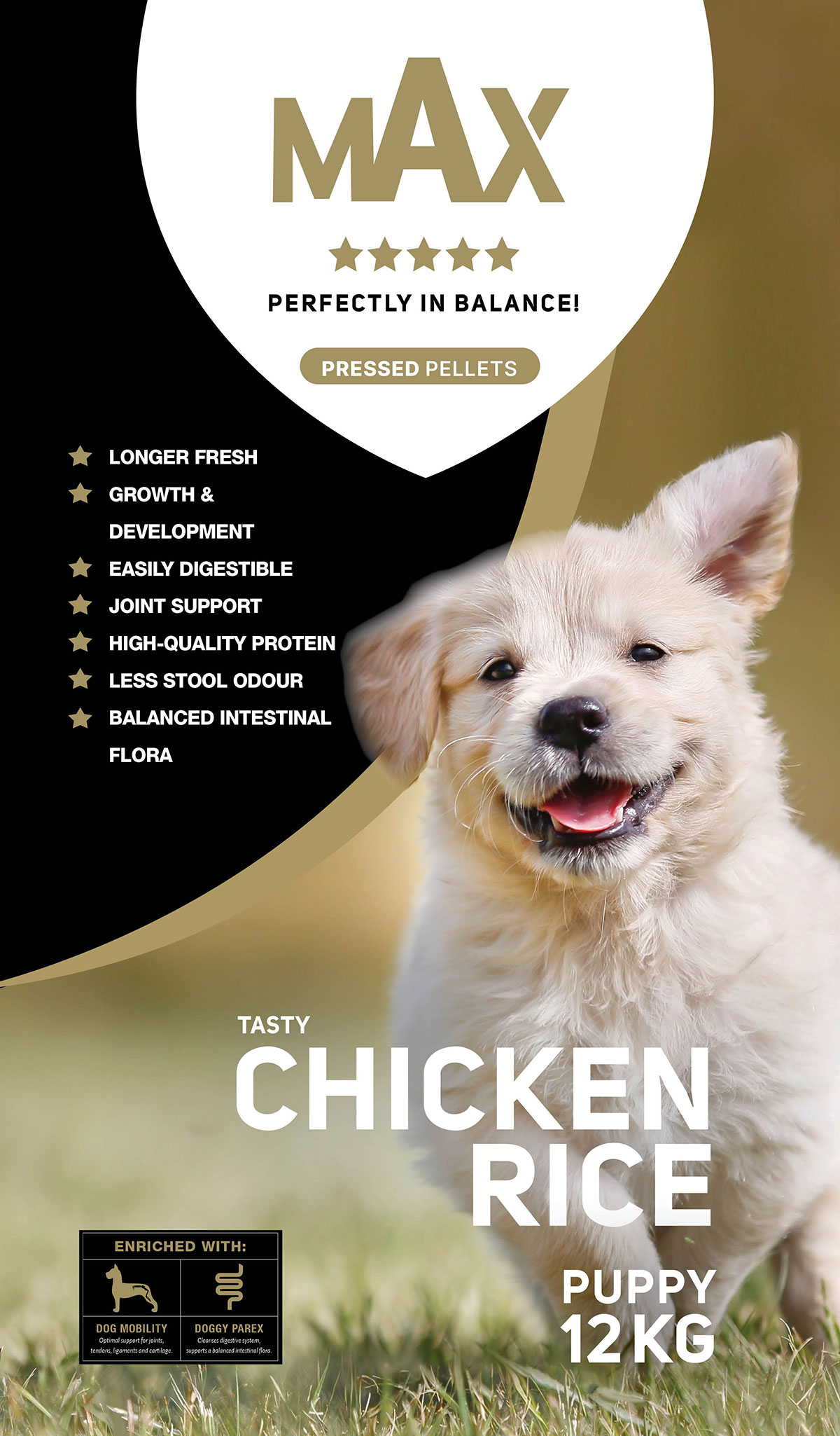 суха храна за малки кучеtа max puppy с пиле и ориз 12 кг - опаковка етикет лице