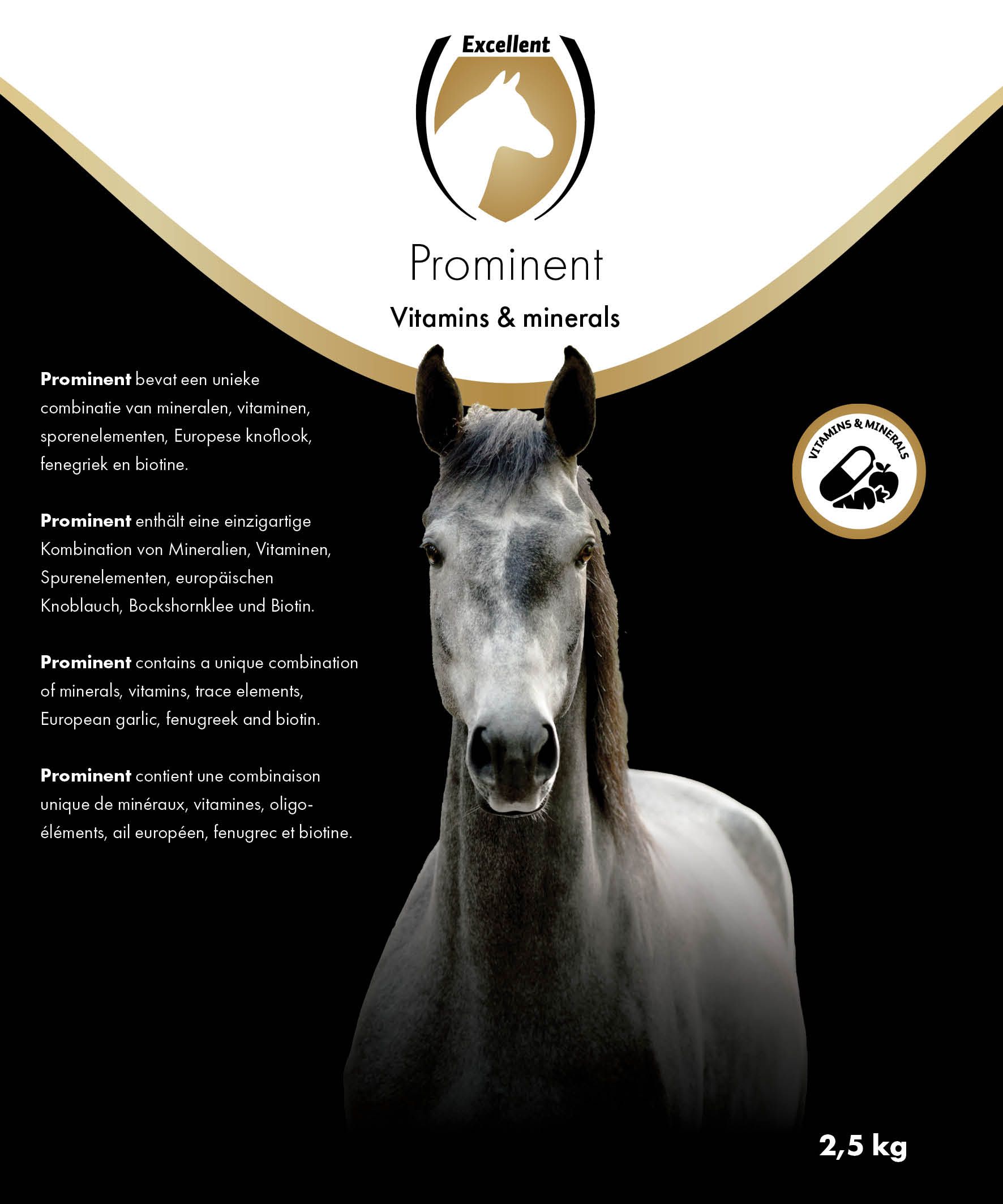 6 в 1 всесезонна хранителна добавка за коне excellent horse prominent 2.5 кг - етикет лице
