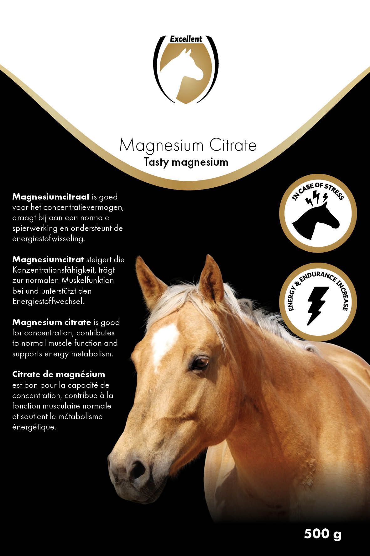 магнезиев цитрат за коне excellent horse magnesium citrate 500 г - етикет лице