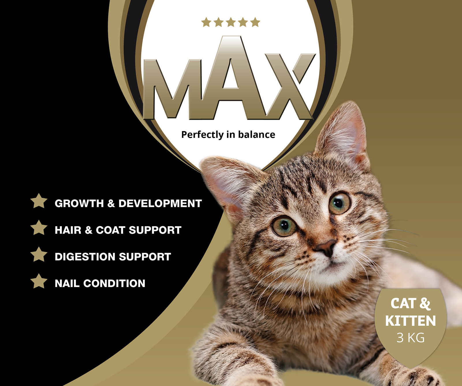 премиум суха балансирана храна за котки и малки котенца max 3 кг - етикет лице
